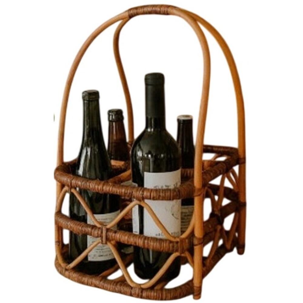 Vintage 80s Bent Wood Bamboo Wine Basket Holder Rustic Boho Farmhouse 18”